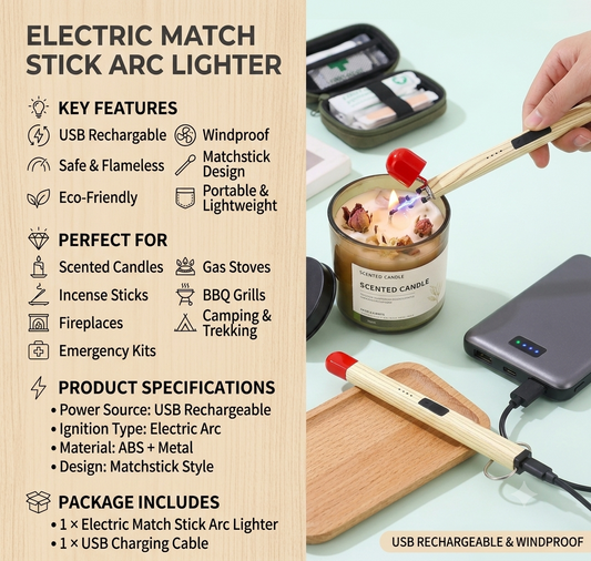 Electric Match Stick Arc Lighter – USB Rechargeable Windproof Lighter