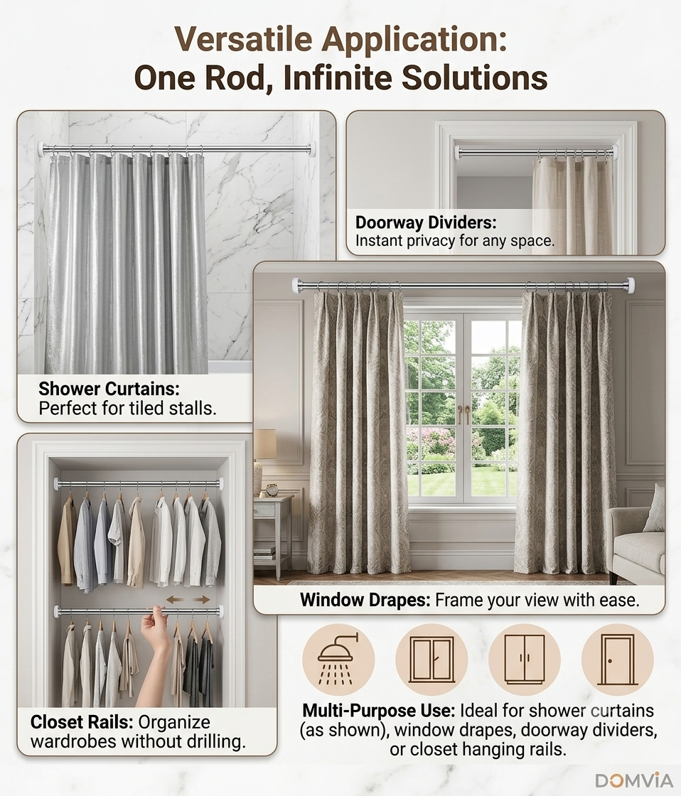 Drill-Free Heavy-Duty Adjustable Tension Curtain Rod | Premium Stainless Steel Finish
