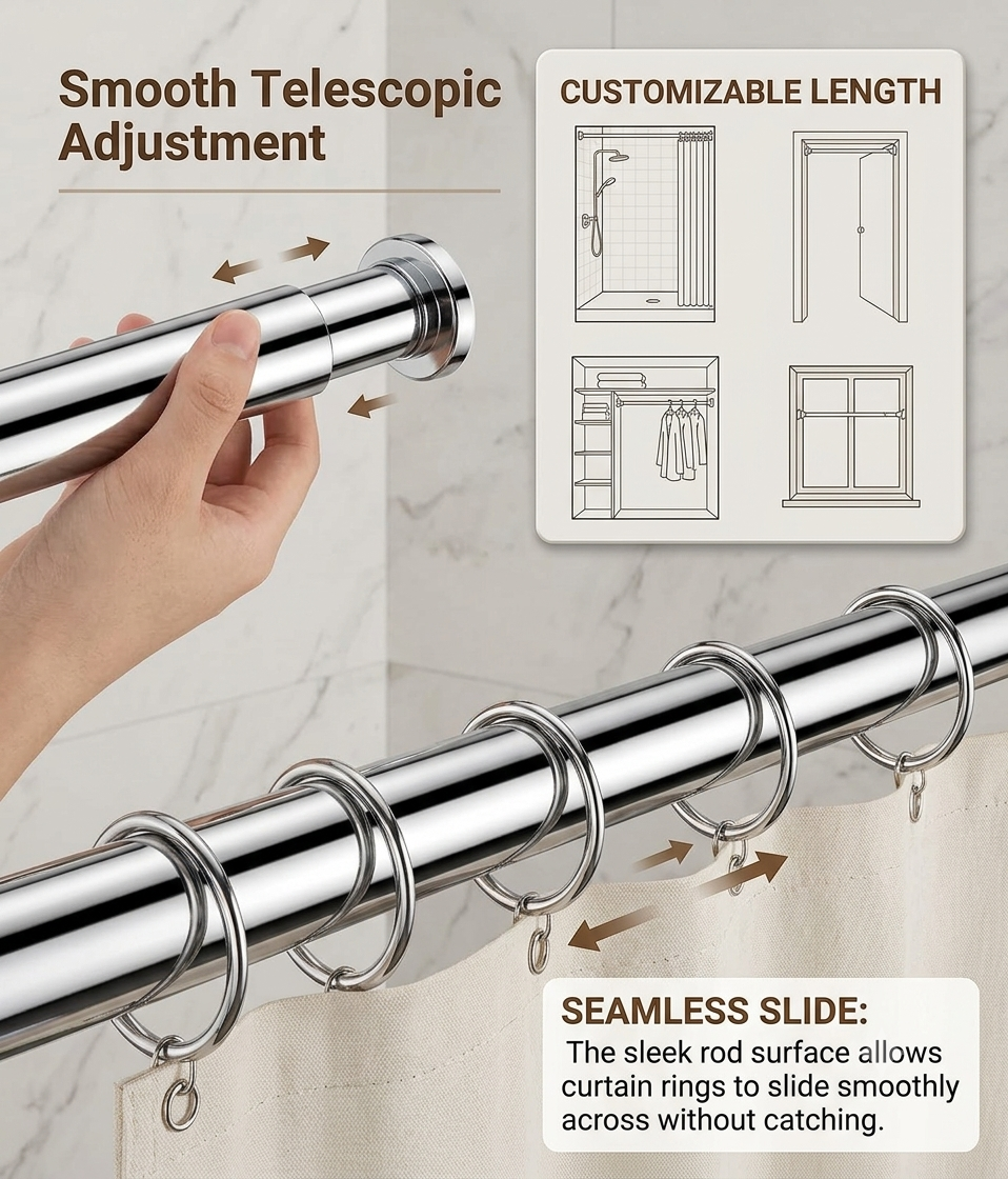 Drill-Free Heavy-Duty Adjustable Tension Curtain Rod | Premium Stainless Steel Finish