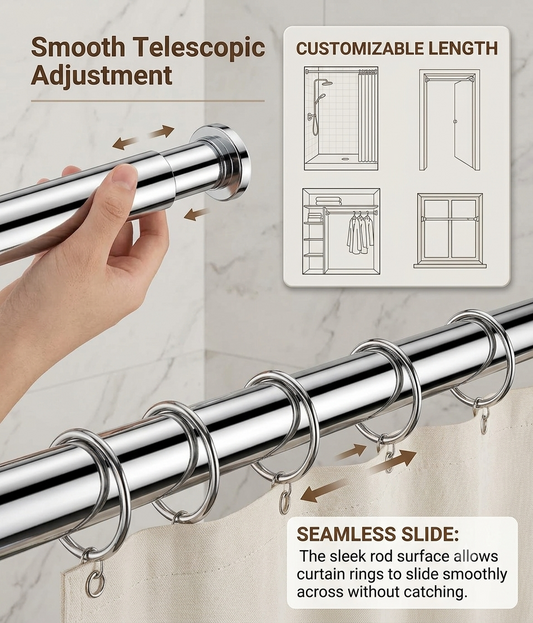 Drill-Free Heavy-Duty Adjustable Tension Curtain Rod | Premium Stainless Steel Finish