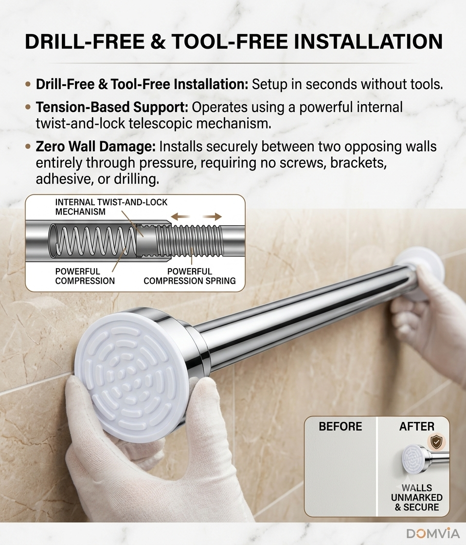 Drill-Free Heavy-Duty Adjustable Tension Curtain Rod | Premium Stainless Steel Finish